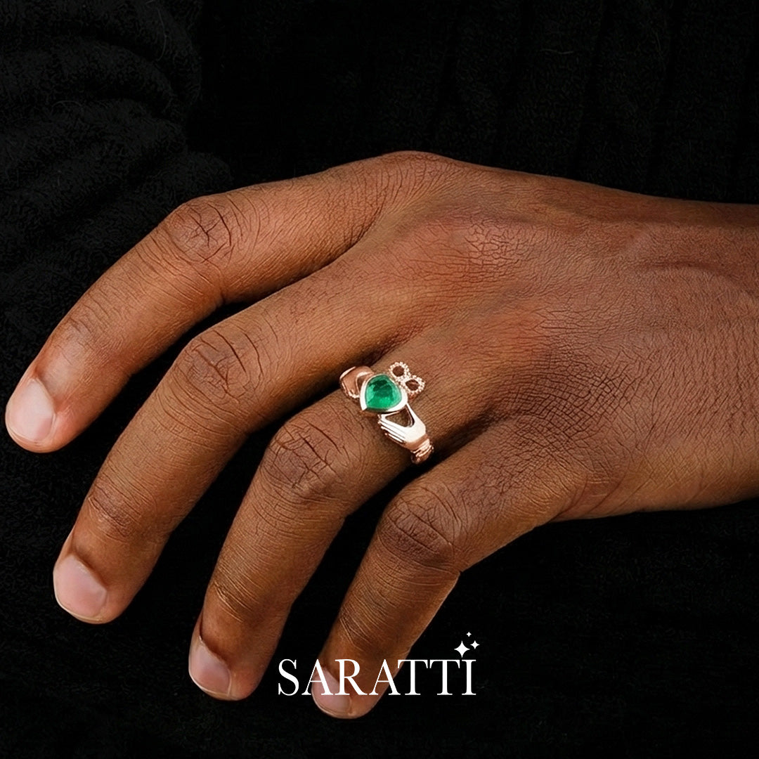 luxury emerald claddagh ring with diamond hands rose gold | SARATTI