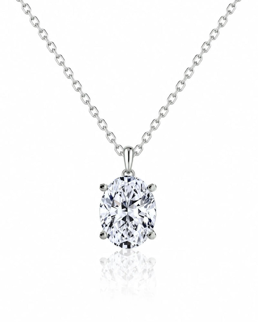 LYRA Oval Cut four-prong solitaire necklace setting in polished white metal with 42 cm cable chain, front view | SARATTI Fine Jewelry