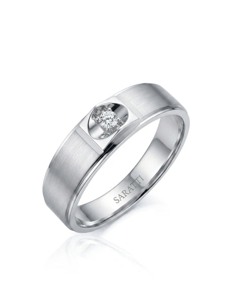 The Mandorla Diamond Ring in 18K white gold, 45-degree view of the 6 mm satin natural diamond men’s wedding ring with elongated mandorla oval center setting | SARATTI