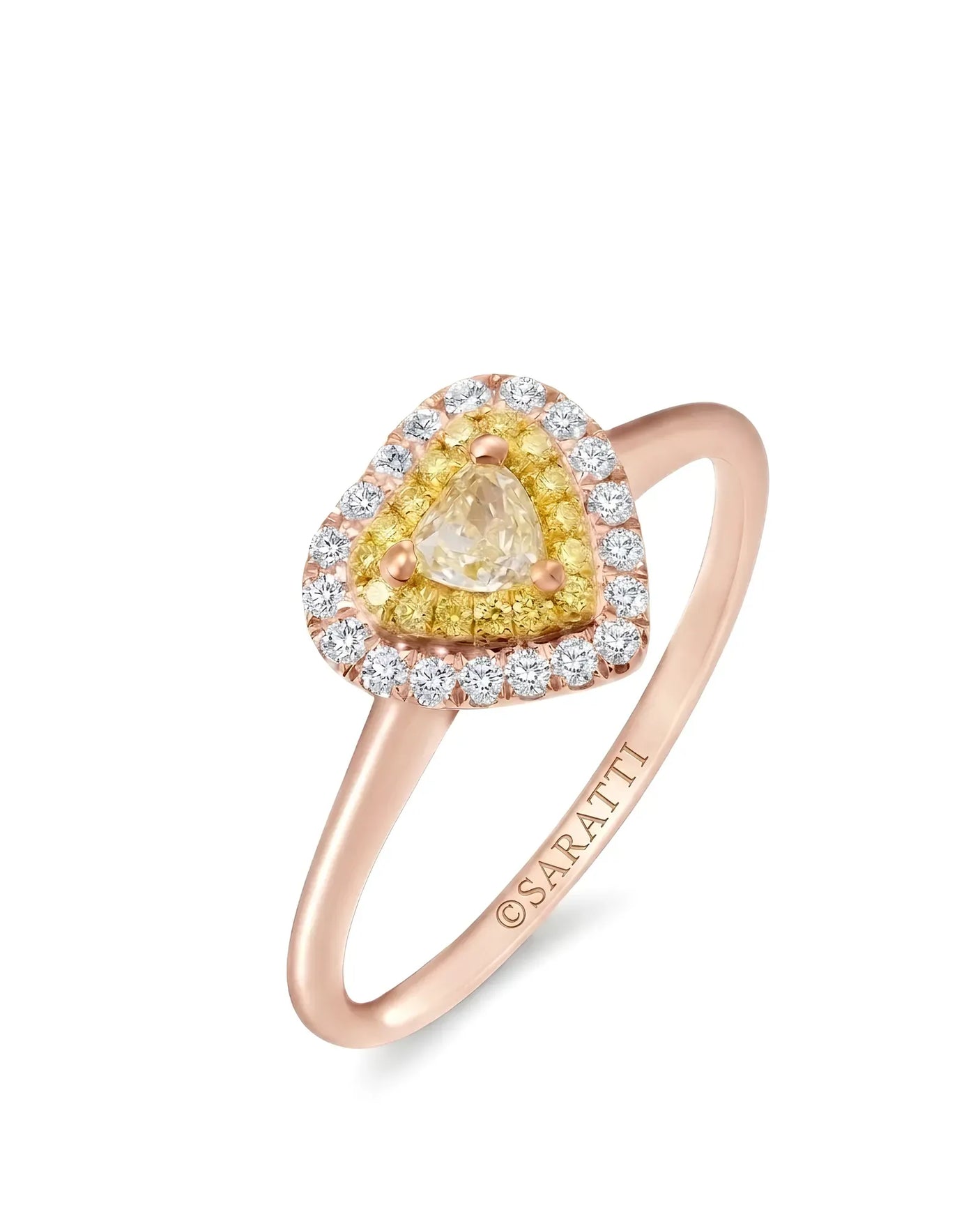 Maureen pear-shaped natural yellow diamond double halo ring in rose gold, 45-degree view | SARATTI
