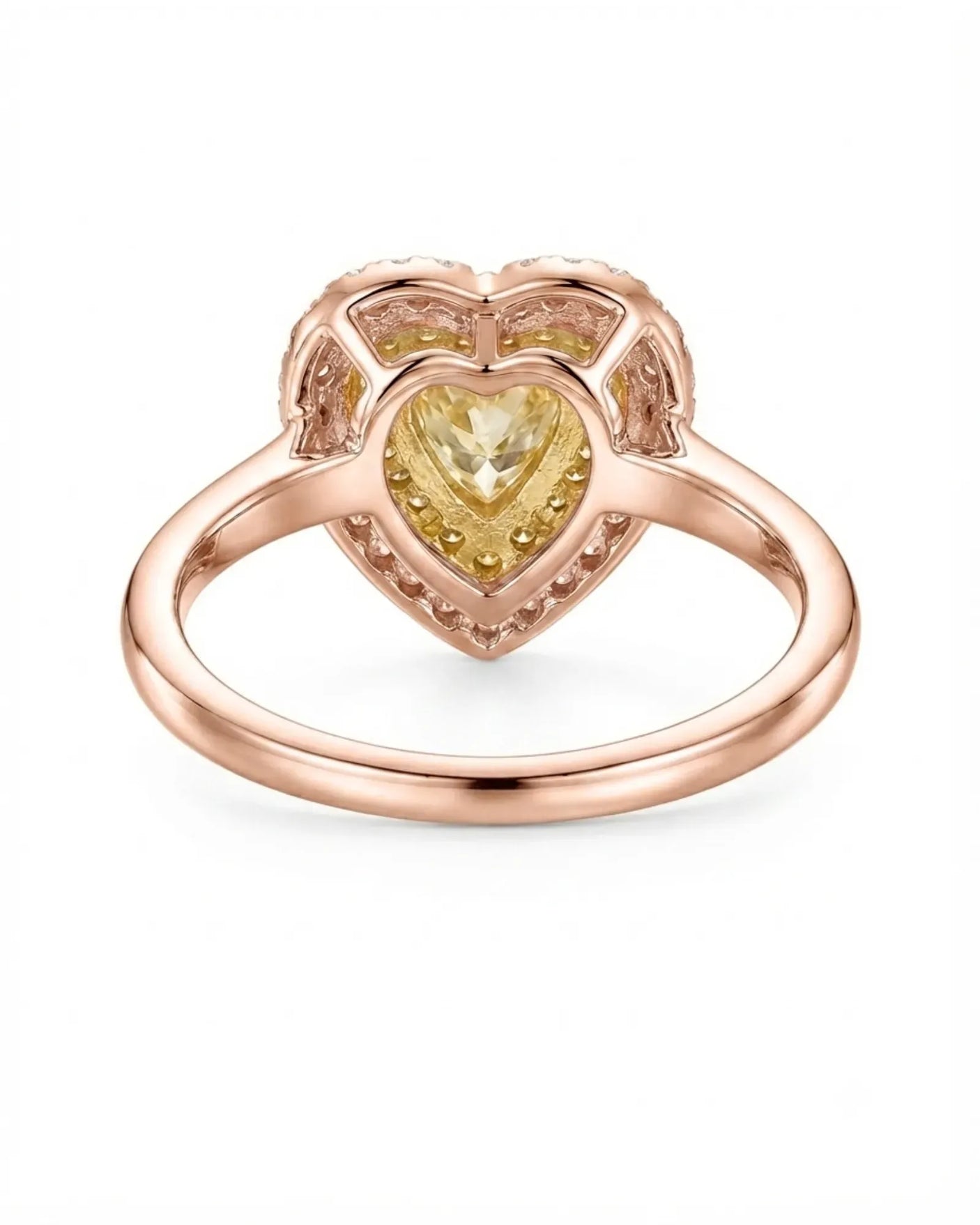 Maureen pear-shaped natural yellow diamond double halo ring in rose gold, rear crown view | SARATTI