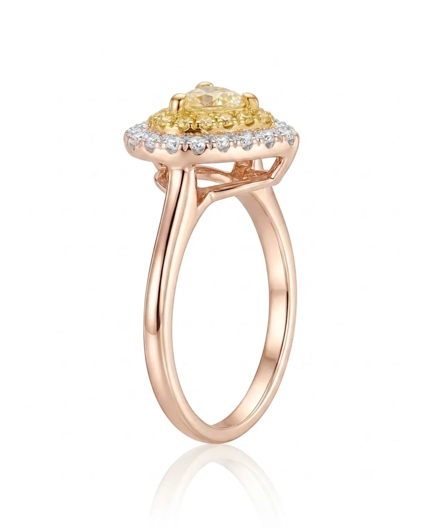 Maureen pear-shaped natural yellow diamond double halo ring in rose gold, side profile | SARATTI
