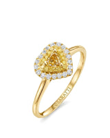 Maureen pear-shaped natural yellow diamond double halo ring in yellow gold, 45-degree view | SARATTI