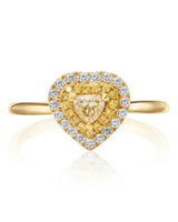 Maureen pear-shaped natural yellow diamond double halo ring in yellow gold, front view | SARATTI