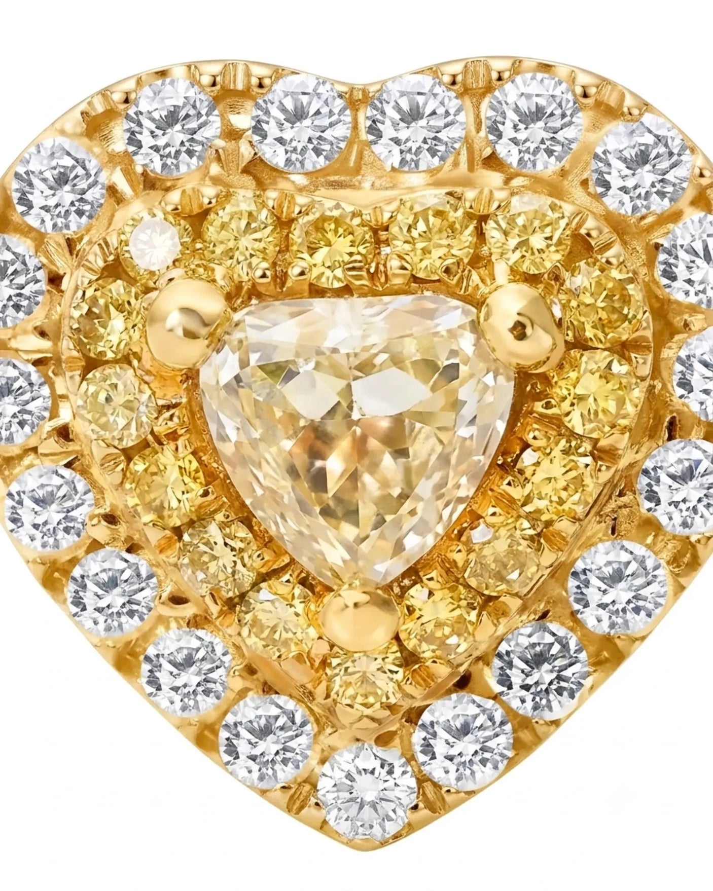 Maureen natural yellow diamond double halo ring in yellow gold, halo close-up | SARATTI