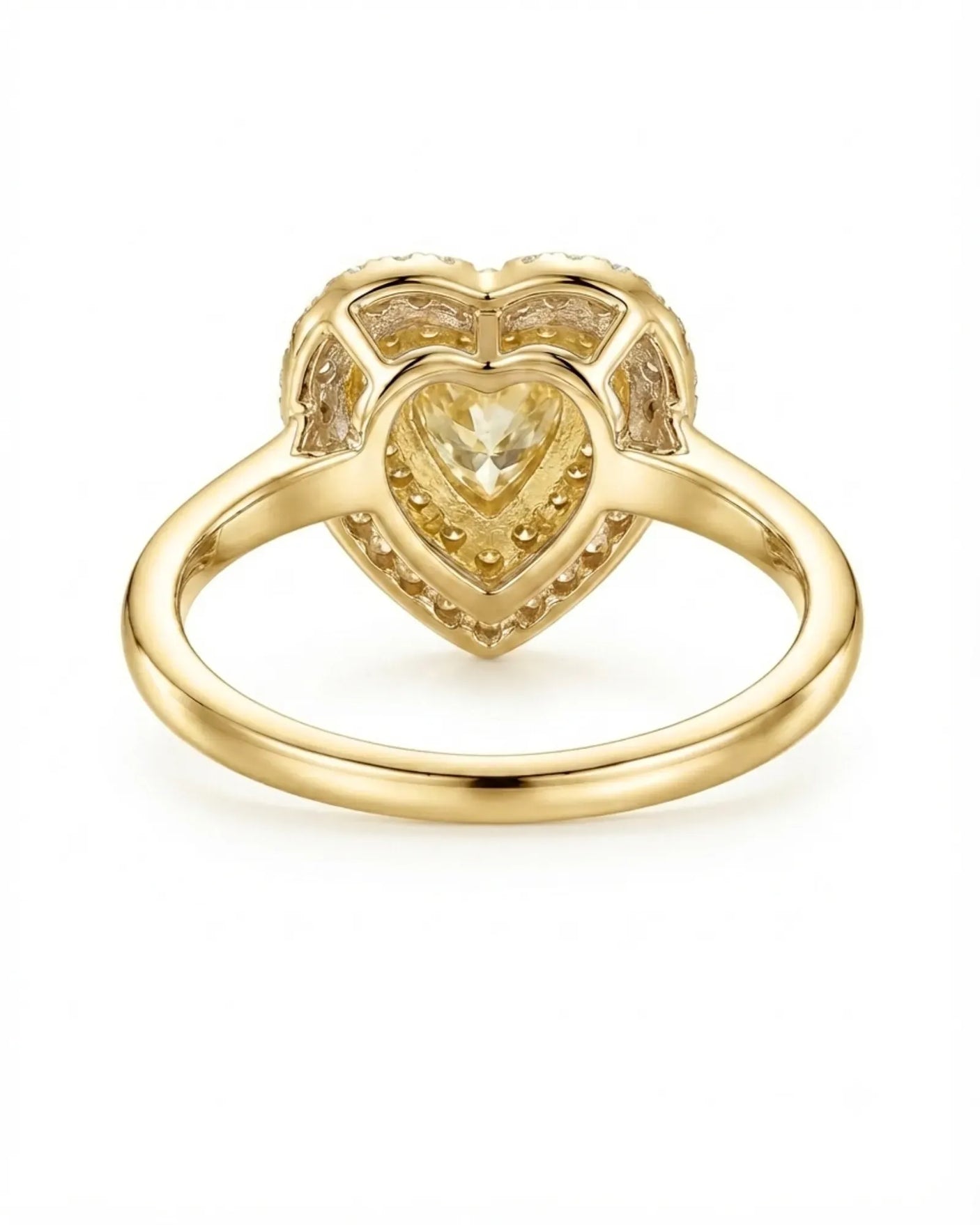 Maureen pear-shaped natural yellow diamond double halo ring in yellow gold, rear crown view | SARATTI