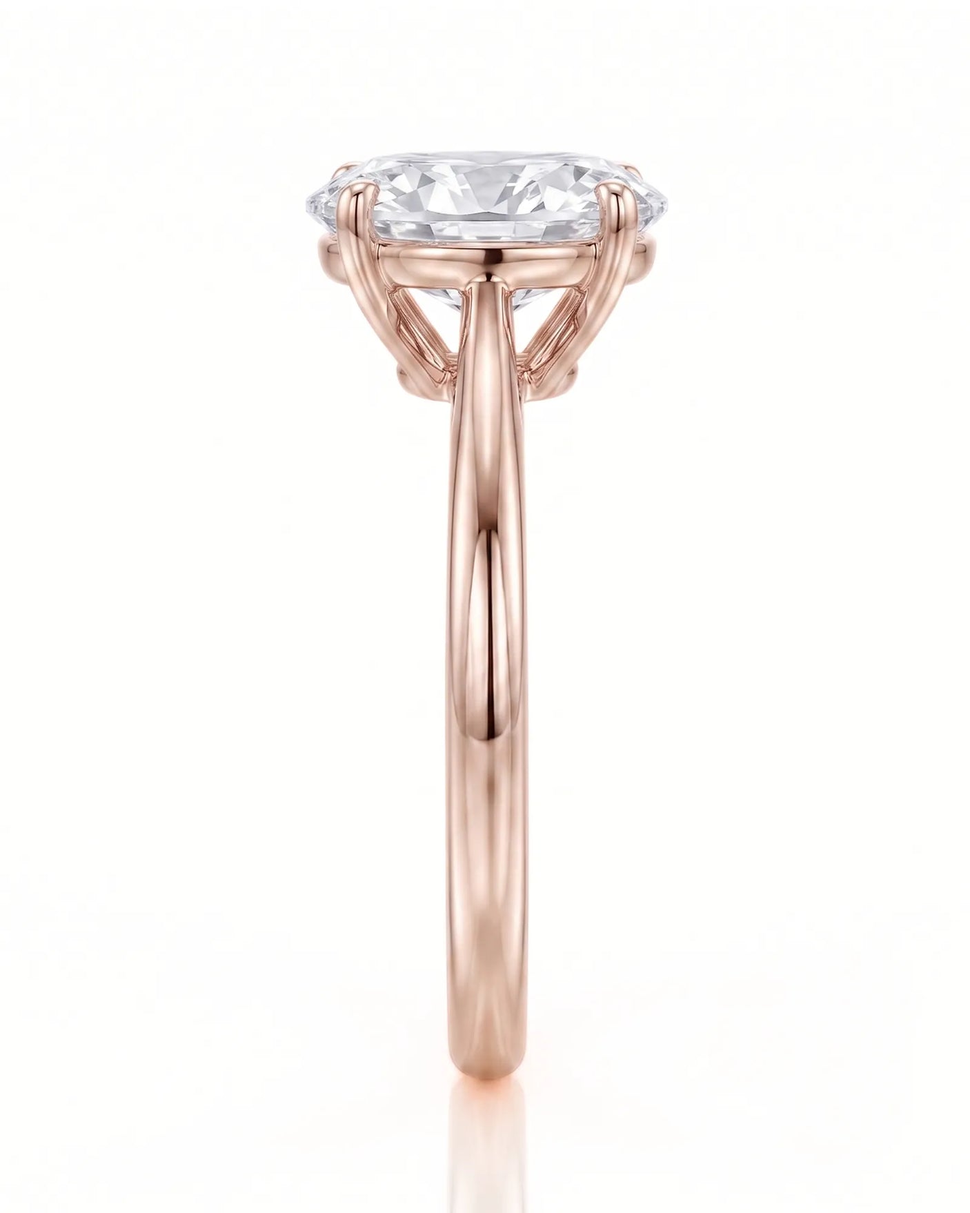 MIA 1 carat F-colour oval natural diamond cathedral solitaire ring in 18K rose gold, side profile showing open cathedral gallery | SARATTI