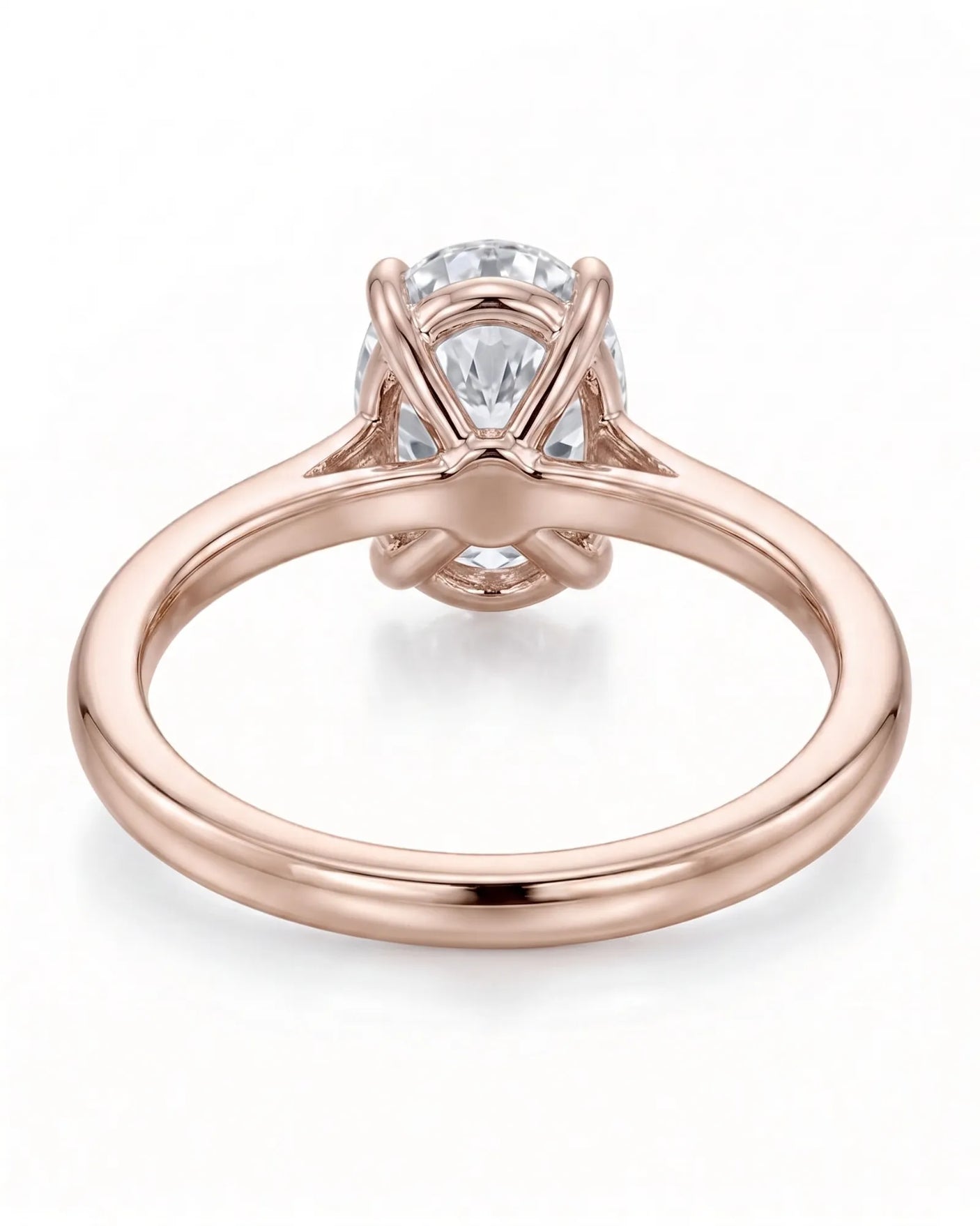 MIA 1 carat F-colour oval natural diamond cathedral solitaire ring in 18K rose gold, underside view of four-prong setting | SARATTI