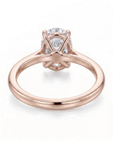 MIA 1 carat F-colour oval natural diamond cathedral solitaire ring in 18K rose gold, underside view of four-prong setting | SARATTI