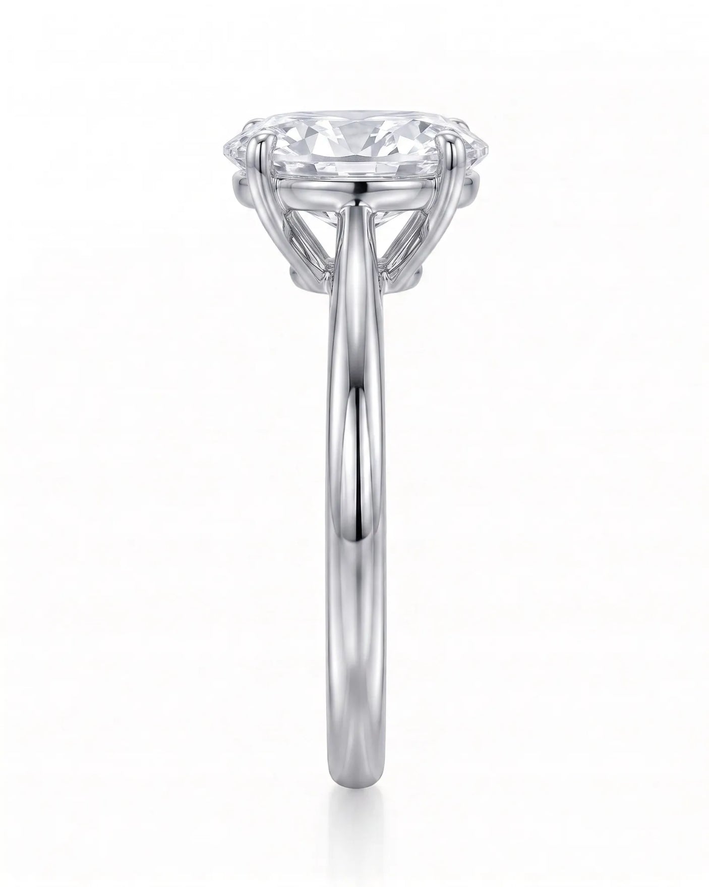 MIA 1 carat F-colour oval natural diamond cathedral solitaire ring in 18K white gold, side profile showing open cathedral gallery | SARATTI