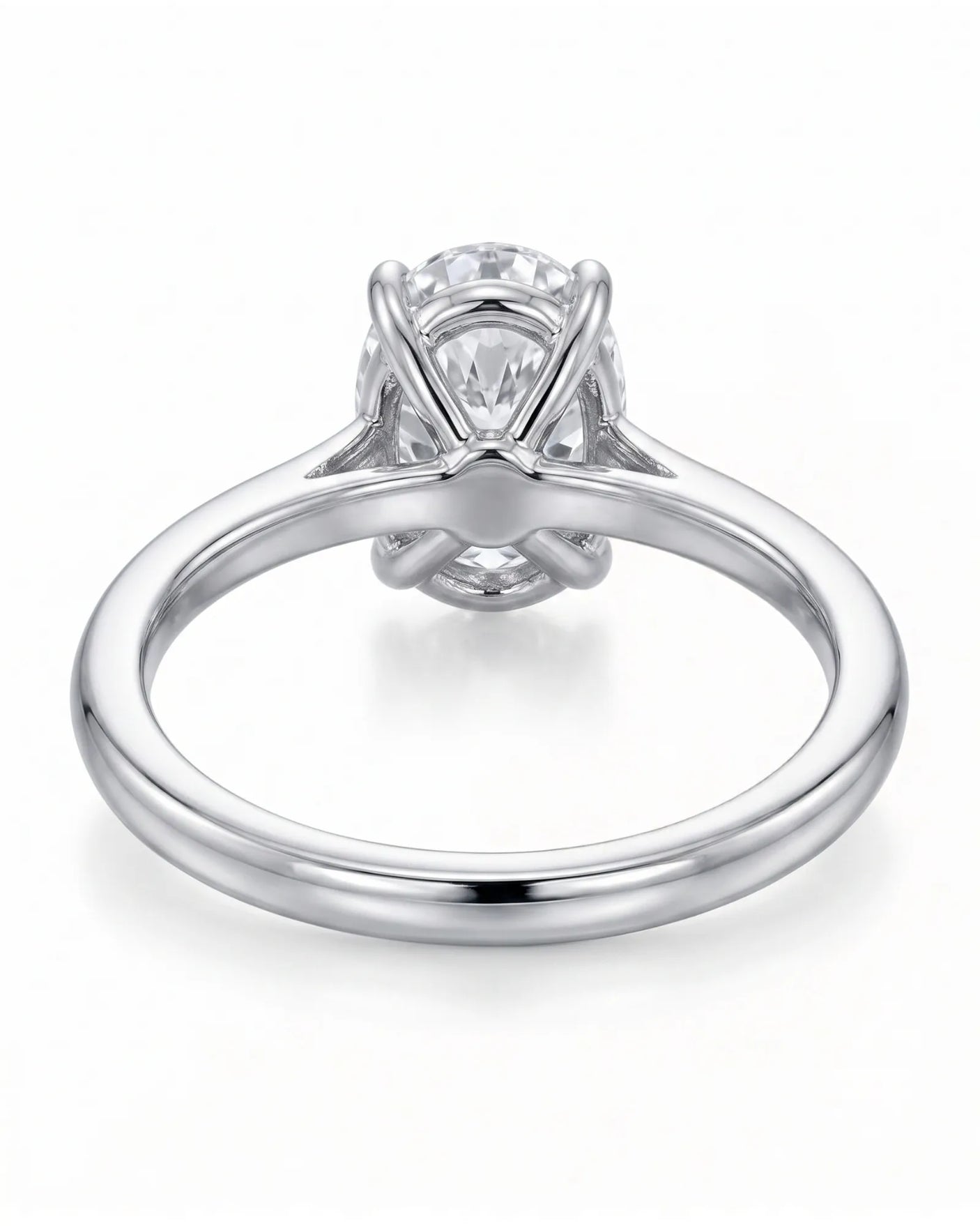 MIA 1 carat F-colour oval natural diamond cathedral solitaire ring in 18K white gold, underside view of four-prong setting | SARATTI