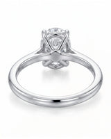 MIA 1 carat F-colour oval natural diamond cathedral solitaire ring in 18K white gold, underside view of four-prong setting | SARATTI