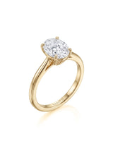 MIA 1 carat F-colour oval natural diamond cathedral solitaire ring in 18K yellow gold, 45-degree hero view | SARATTI