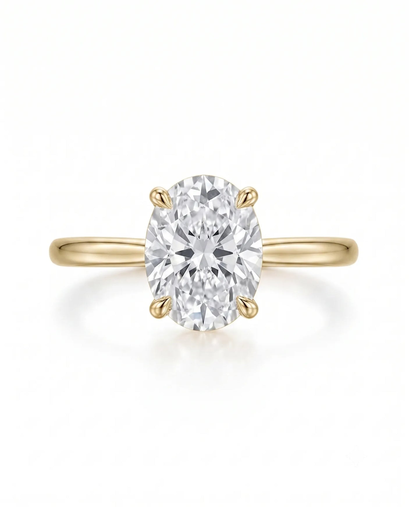 MIA 1 carat F-colour oval natural diamond cathedral solitaire ring in 18K yellow gold, front view of four-prong centre | SARATTI