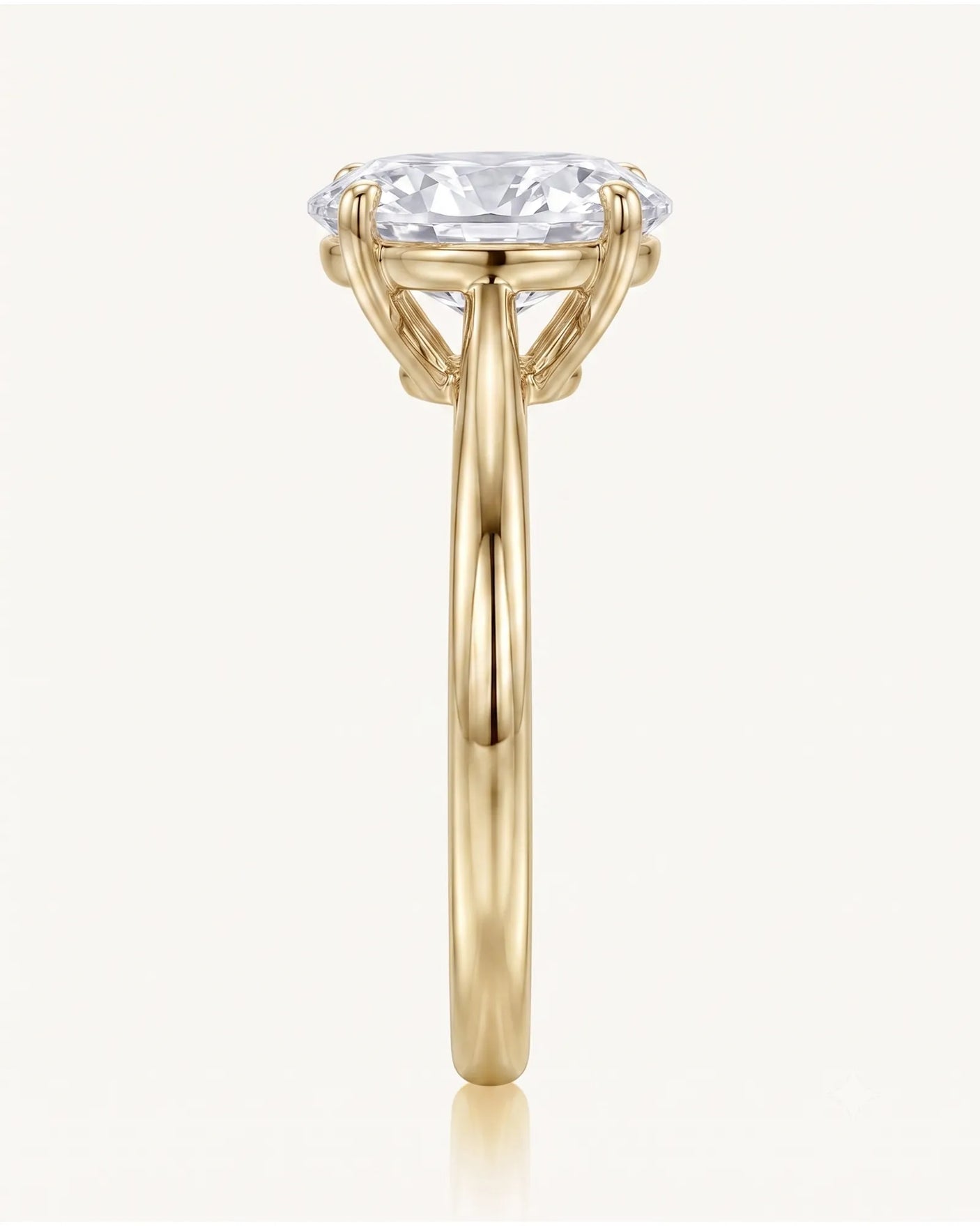 MIA 1 carat F-colour oval natural diamond cathedral solitaire ring in 18K yellow gold, side profile showing open cathedral gallery | SARATTI