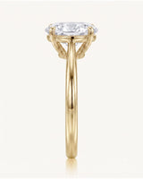 MIA 1 carat F-colour oval natural diamond cathedral solitaire ring in 18K yellow gold, side profile showing open cathedral gallery | SARATTI