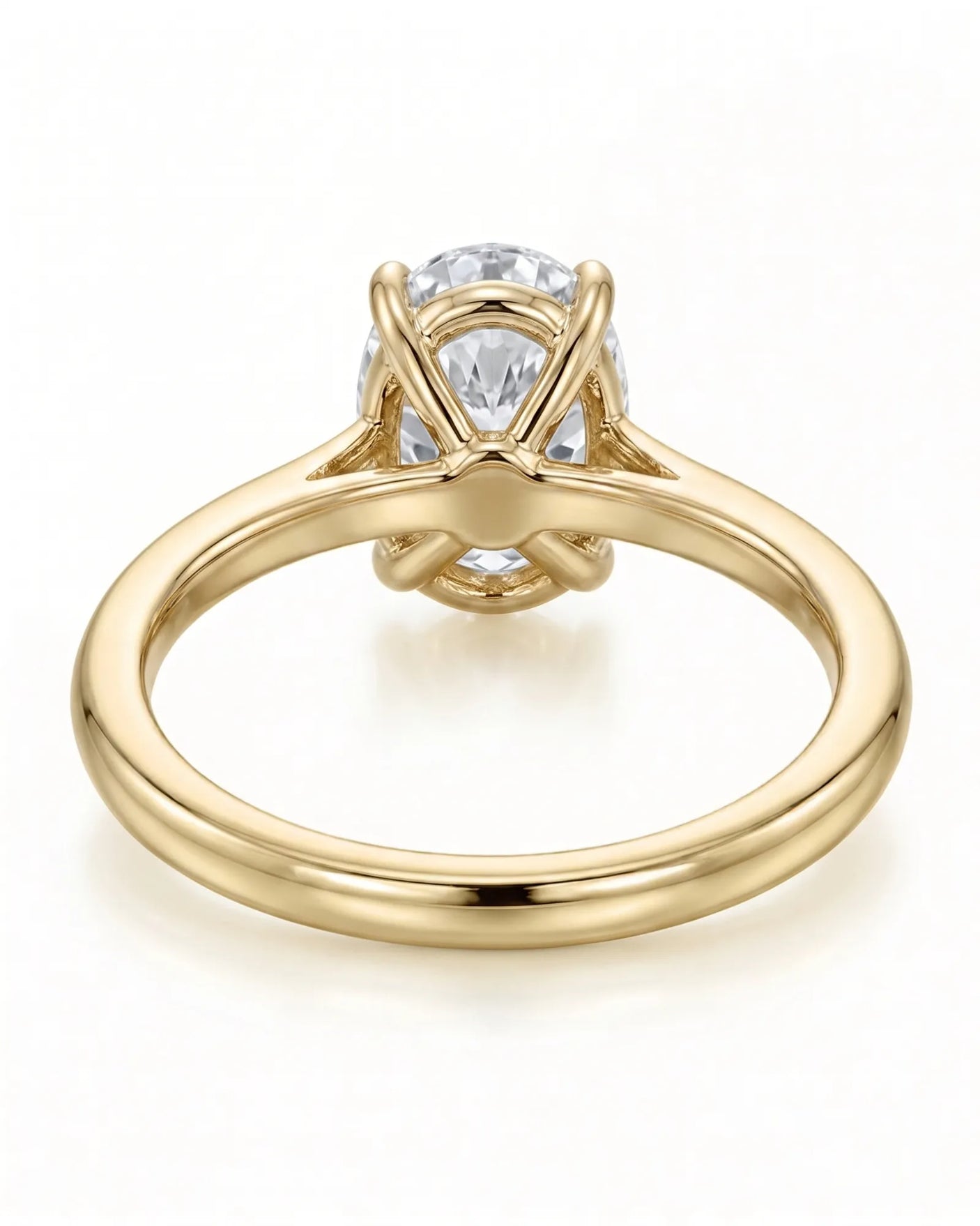 MIA 1 carat F-colour oval natural diamond cathedral solitaire ring in 18K yellow gold, underside view of four-prong setting | SARATTI