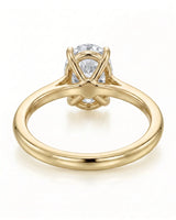 MIA 1 carat F-colour oval natural diamond cathedral solitaire ring in 18K yellow gold, underside view of four-prong setting | SARATTI