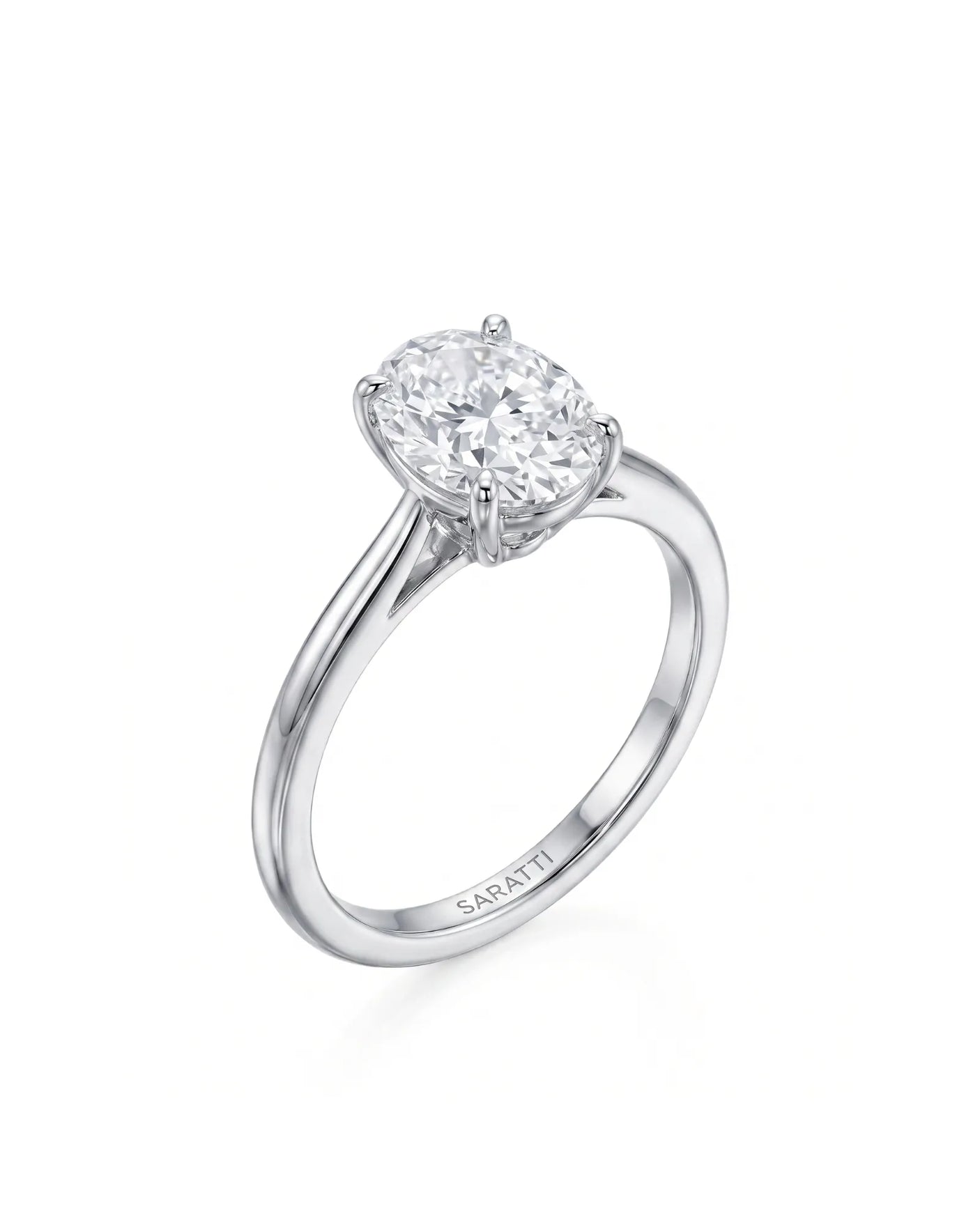 MIA 1 carat F-colour oval natural diamond cathedral solitaire ring in platinum, 45-degree hero view | SARATTI