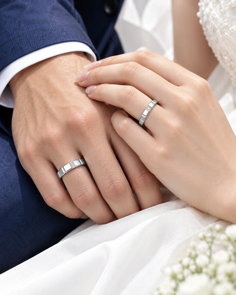 Midnight Cityscape natural diamond wedding set in 18K White Gold, couple worn view | SARATTI