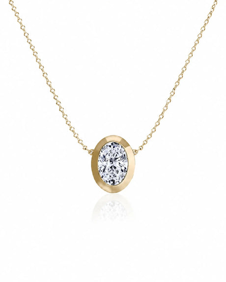 SOLARA Bezel-Set Oval Cut solitaire necklace setting in yellow gold, front view | SARATTI