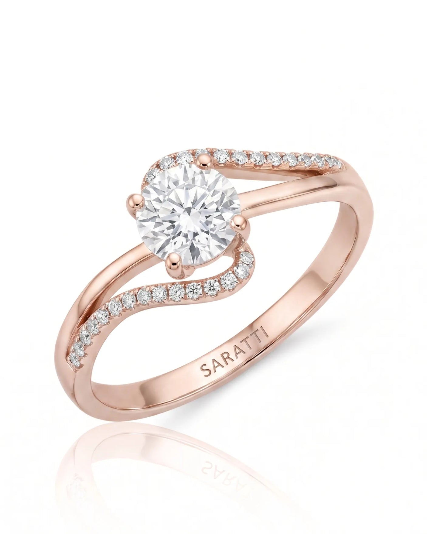 NERA 1 carat round natural diamond bypass split-shank engagement ring in 18K rose gold, 45-degree view with pavé shoulders | SARATTI