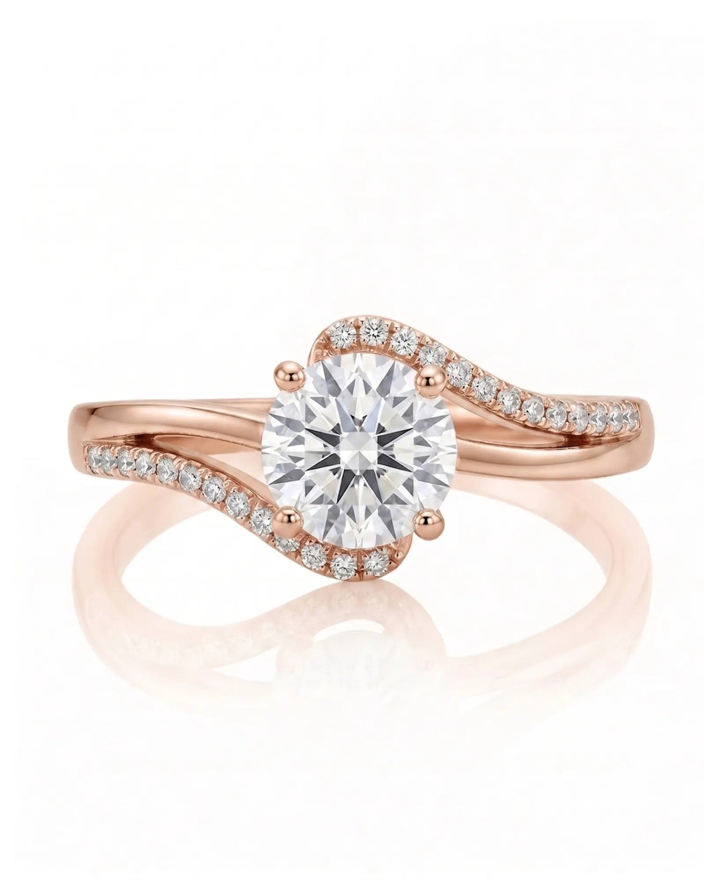 NERA 1 carat round natural diamond bypass split-shank engagement ring in 18K rose gold, front view of flowing pavé shoulders | SARATTI
