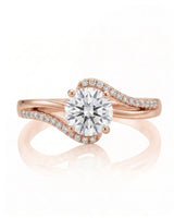 NERA 1 carat round natural diamond bypass split-shank engagement ring in 18K rose gold, front view of flowing pavé shoulders | SARATTI