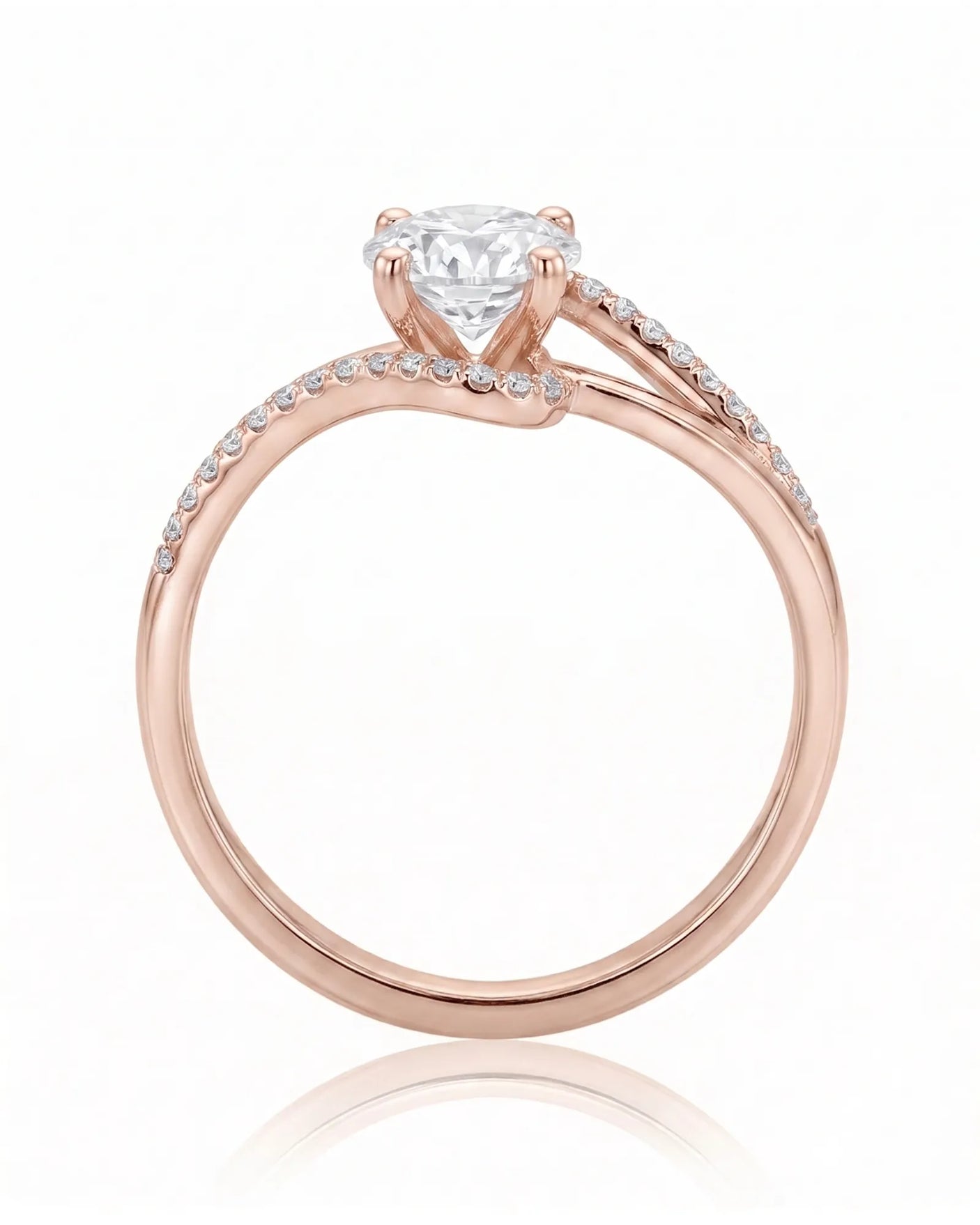 NERA 1 carat round natural diamond bypass split-shank engagement ring in 18K rose gold, side profile showing four-prong crown | SARATTI