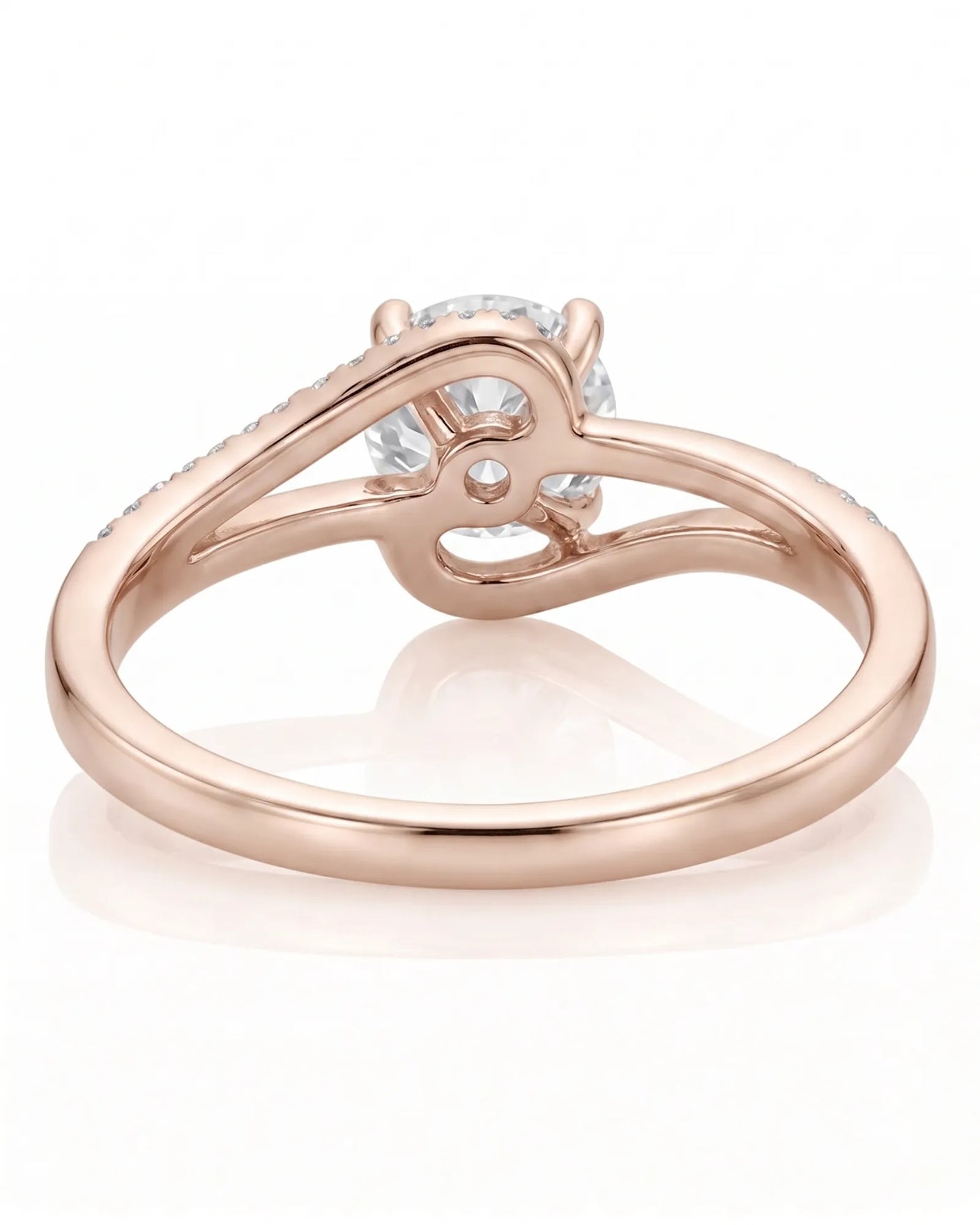 NERA 1 carat round natural diamond bypass split-shank engagement ring in 18K rose gold, underside and sculpted open gallery view | SARATTI