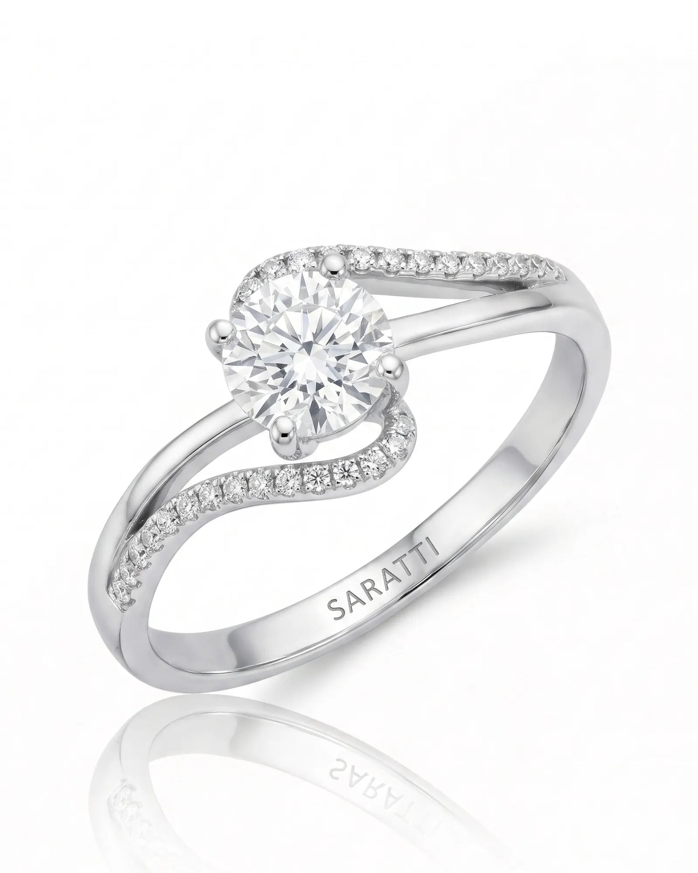 NERA 1 carat round natural diamond bypass split-shank engagement ring in 18K white gold, 45-degree view with pavé shoulders | SARATTI