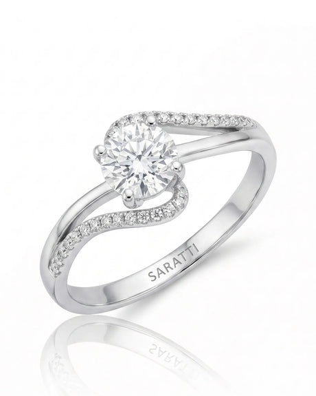 NERA 1 carat round natural diamond bypass split-shank engagement ring in 18K white gold, 45-degree view with pavé shoulders | SARATTI