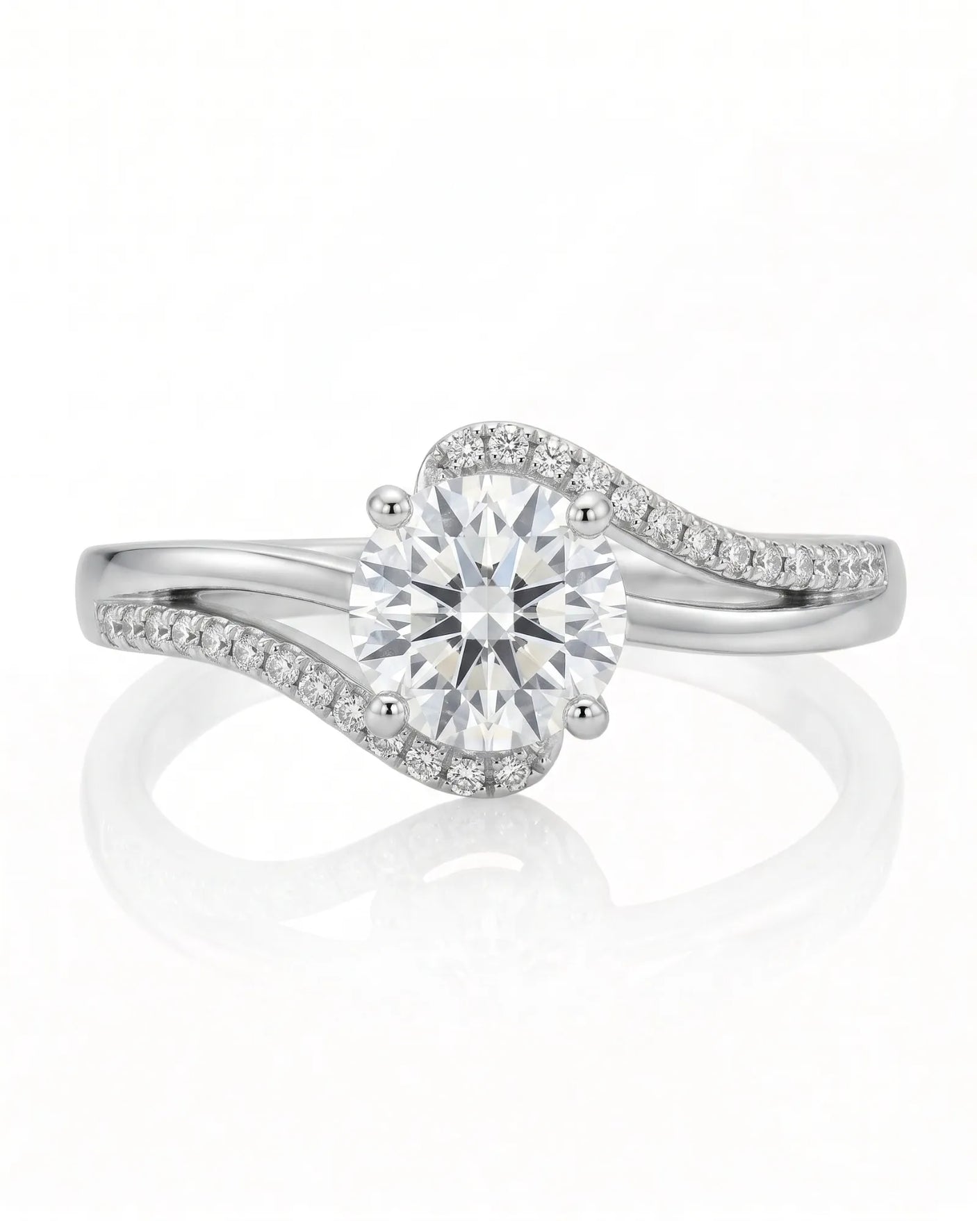 NERA 1 carat round natural diamond bypass split-shank engagement ring in 18K white gold, front view of flowing pavé shoulders | SARATTI