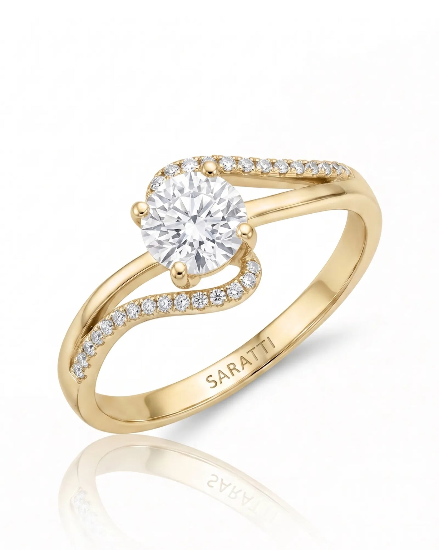 NERA 1 carat round natural diamond bypass split-shank engagement ring in 18K yellow gold, 45-degree view with pavé shoulders | SARATTI