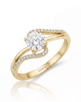 NERA 1 carat round natural diamond bypass split-shank engagement ring in 18K yellow gold, 45-degree view with pavé shoulders | SARATTI