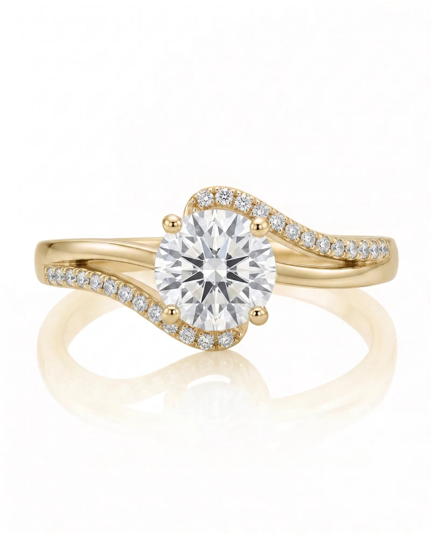 NERA 1 carat round natural diamond bypass split-shank engagement ring in 18K yellow gold, front view of flowing pavé shoulders | SARATTI