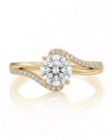 NERA 1 carat round natural diamond bypass split-shank engagement ring in 18K yellow gold, front view of flowing pavé shoulders | SARATTI