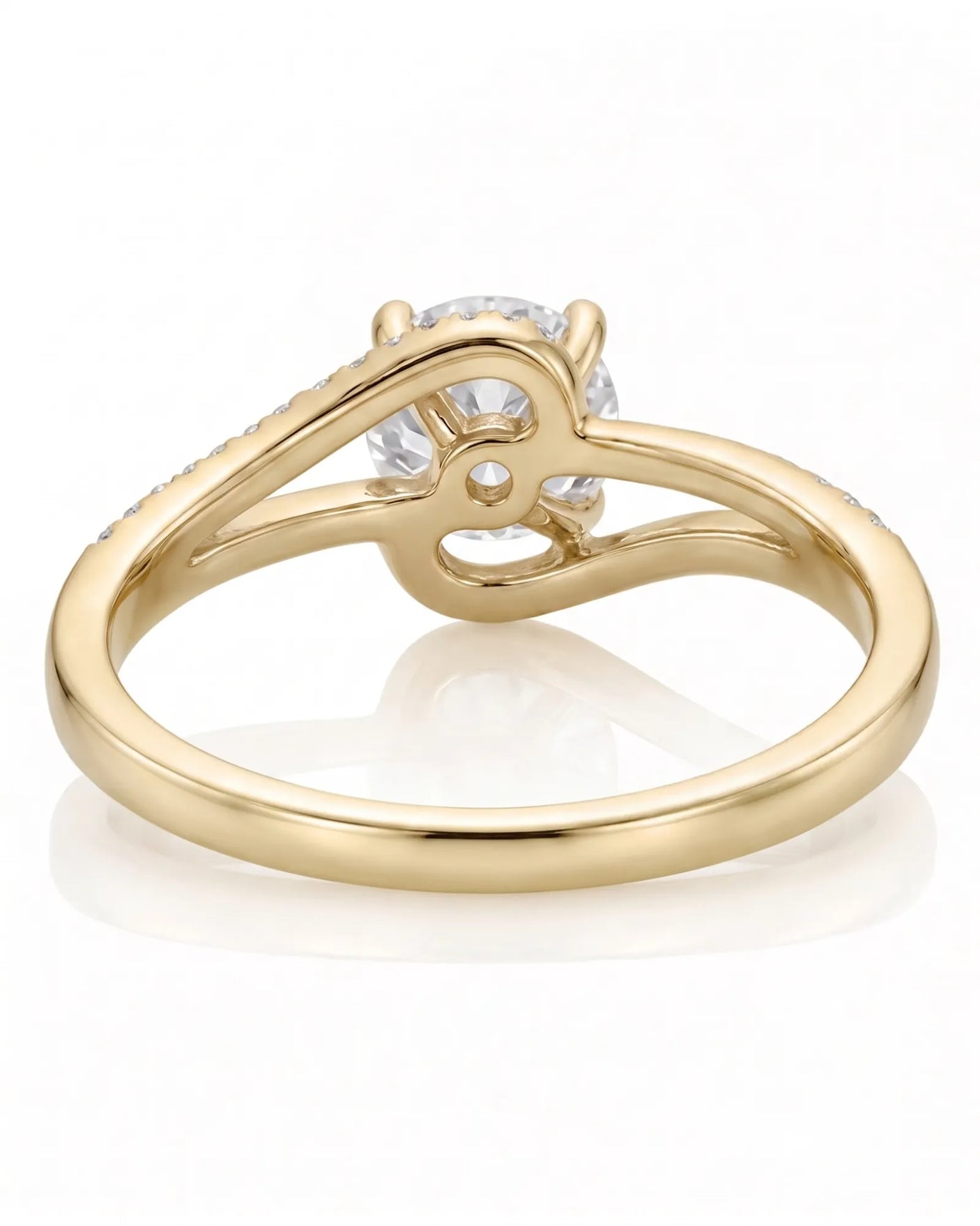 NERA 1 carat round natural diamond bypass split-shank engagement ring in 18K yellow gold, underside and sculpted open gallery view | SARATTI