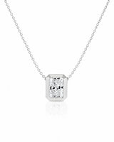 SOLARA Bezel-Set Radiant Cut solitaire necklace setting in white gold, front view | SARATTI