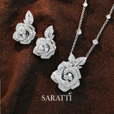 Feminine platinum rose pendant with micro pavé diamond petals | SARATTI