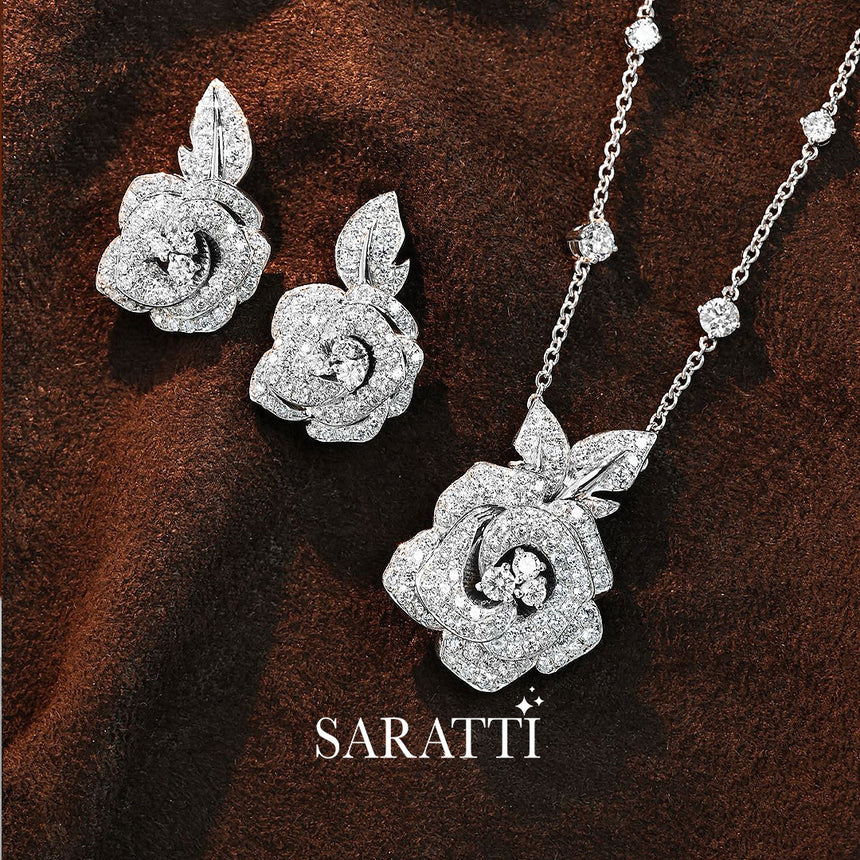Feminine platinum rose pendant with micro pavé diamond petals | SARATTI