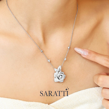 Rosée d’Éclat platinum diamond rose earrings with layered petal detailing | SARATTI