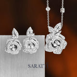 Close-up of platinum floral necklace crafted with pavé lab-grown diamonds | SARATTI