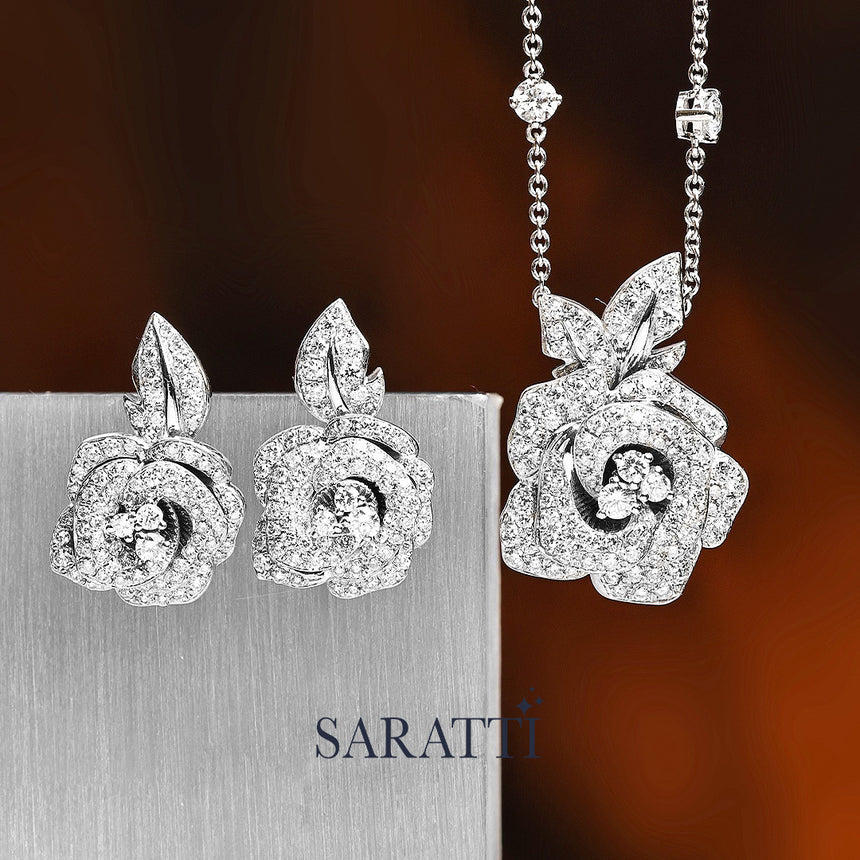 Close-up of platinum floral necklace crafted with pavé lab-grown diamonds | SARATTI