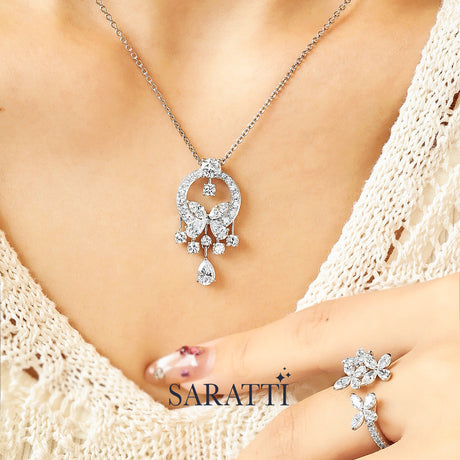 Lab diamond halo pendant with pear drops | SARATTI