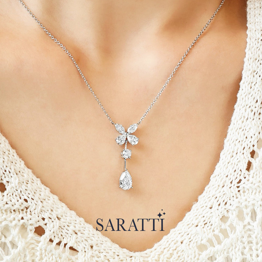 Lab diamond petal-cluster necklace with pear drop | SARATTI