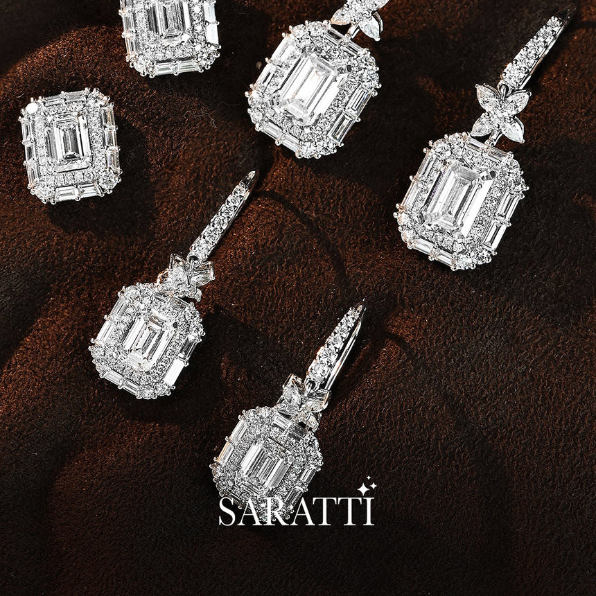 Close-up of Frosted Emerald diamond studs | SARATTI