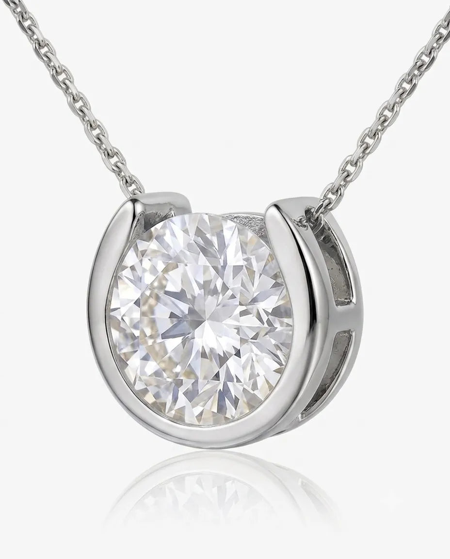 Petite round diamond bezel necklace in 18K White Gold, 45-degree view | SARATTI