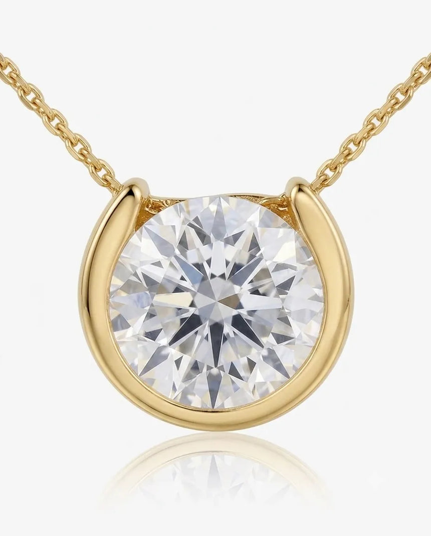 18K Yellow Gold petite bezel diamond necklace, close-up front view | SARATTI