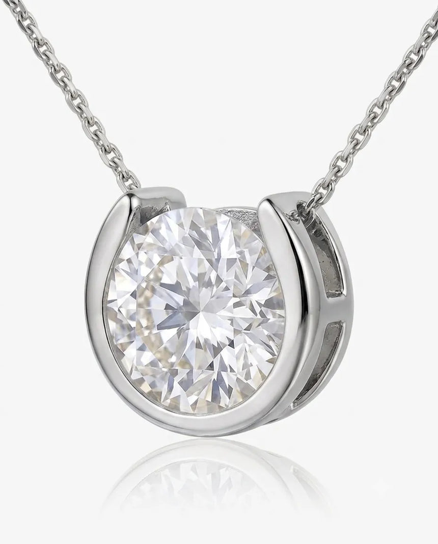 Petite round diamond bezel necklace in Platinum, 45-degree view | SARATTI